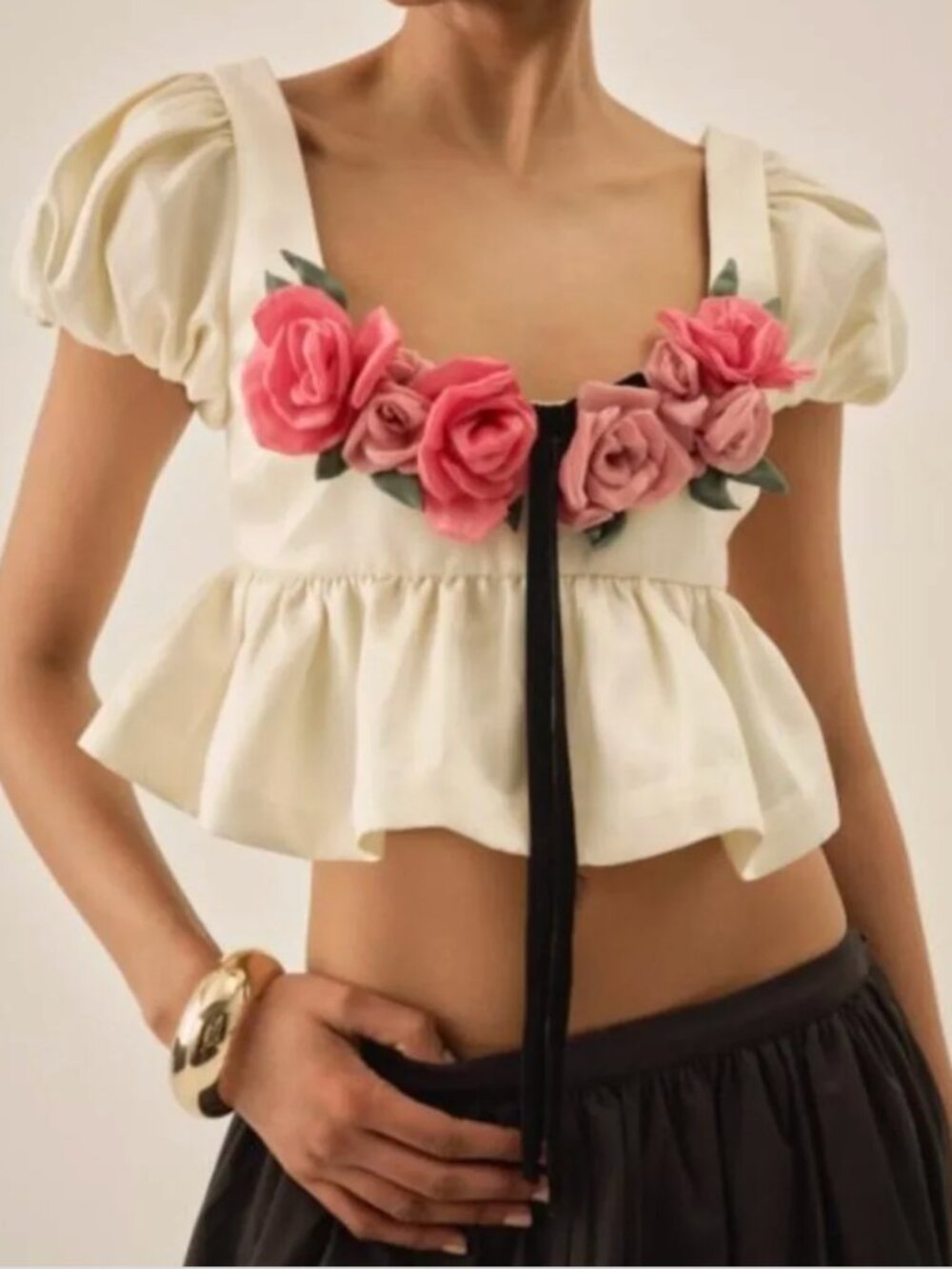 $230 NWOT For Love And Lemons "Rosalie" Cream Puff Sleeve Floral Blouse Sz Small